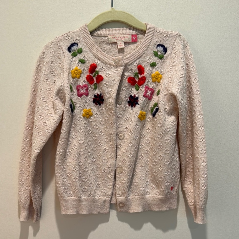Pink Chicken Embroidered Knit Cardigan